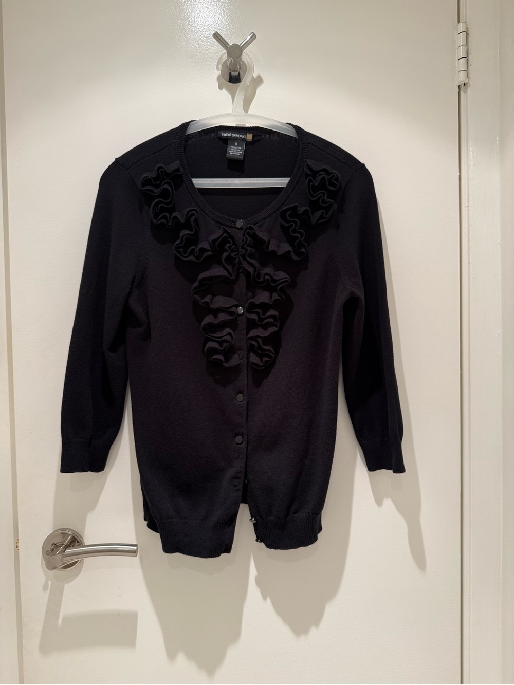 Sweaterworks Black Ruffle-Front Women's Cardigan